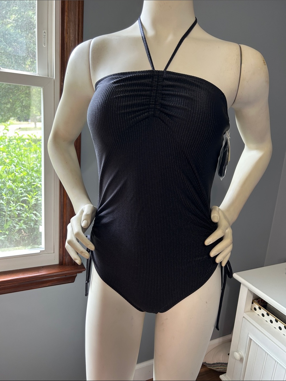 NWT Aerie Black Shine Ribbed Strapless One-Piece Swimsuit with Side Ties
